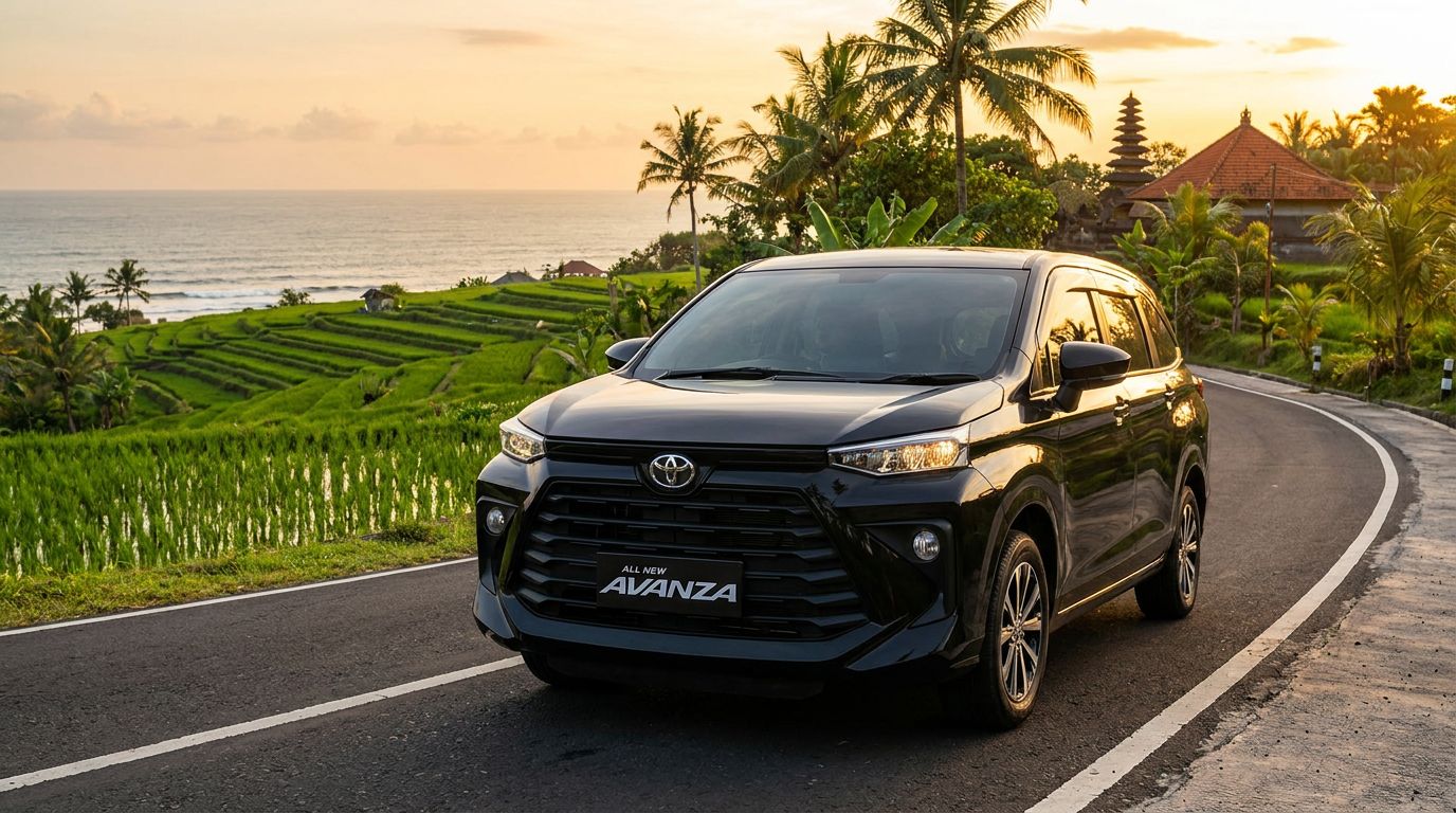 Une Toyota Avanza noire garée sur une route pittoresque avec des rizières et des vues sur l'océan au coucher du soleil à Cang