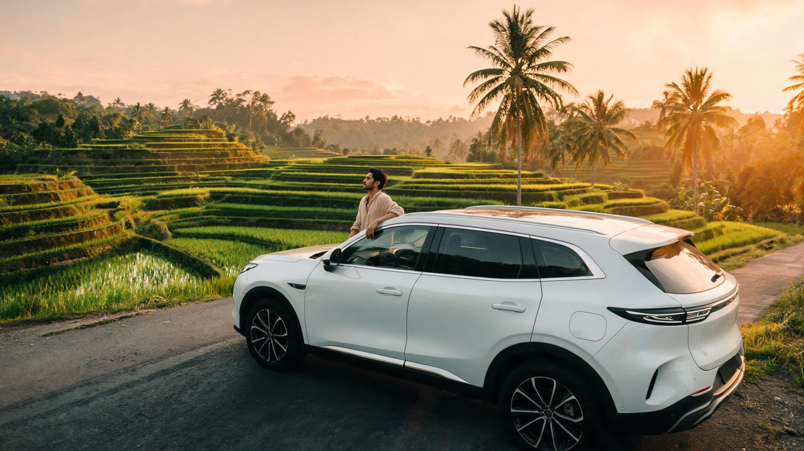 Мужчина прислонился к белому внедорожнику, припаркованному на дороге рядом с зелеными рисовыми террасами на Бали на закате.