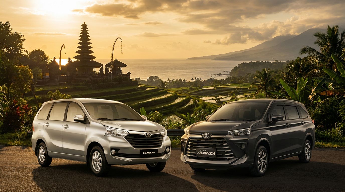 Dua mobil diparkir di jalan indah dengan sawah dan kuil di latar belakang saat matahari terbenam di Bali.