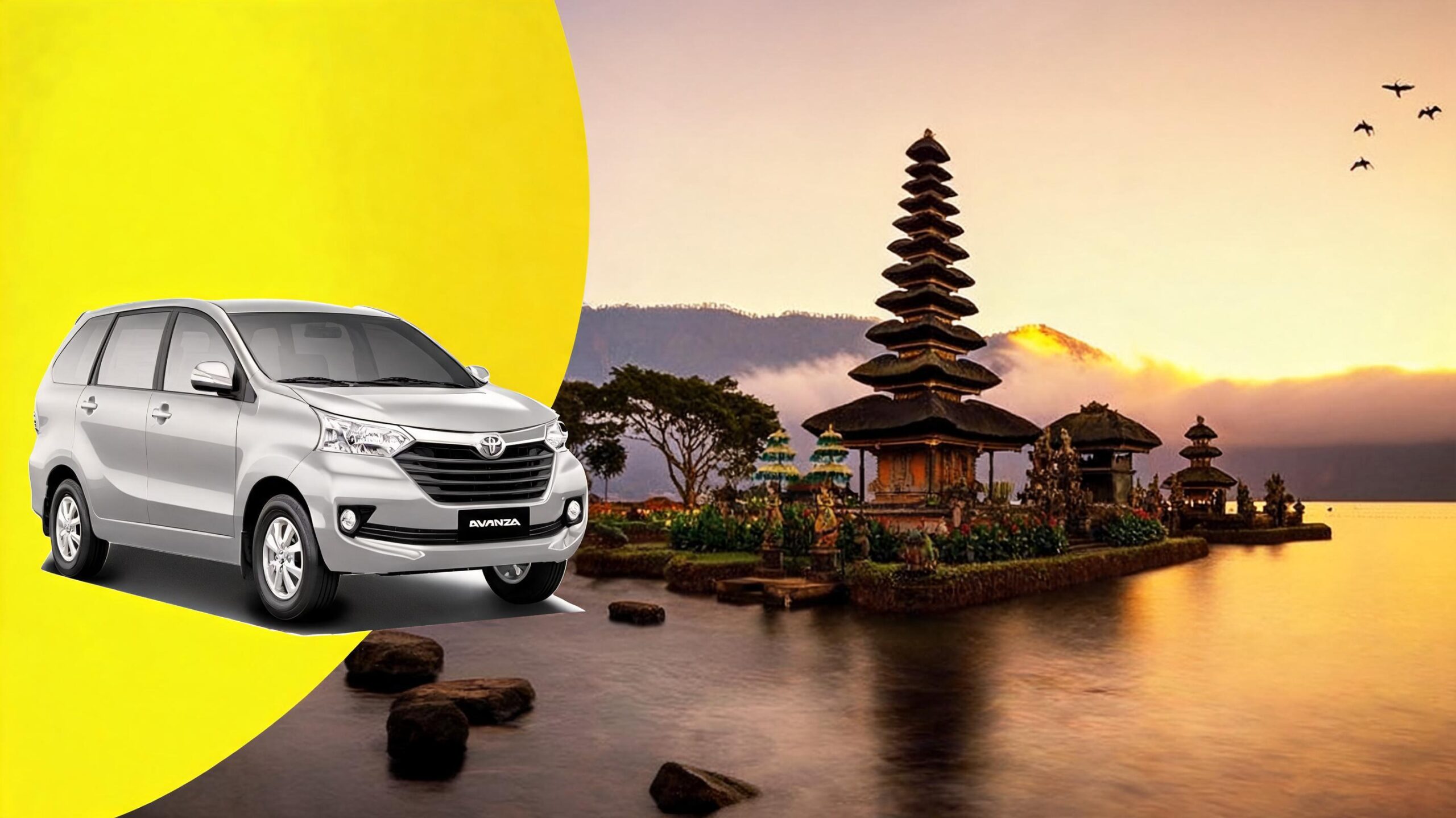 Un paysage de Bali au lever du soleil avec un temple en bord de lac et une voiture de location grise.