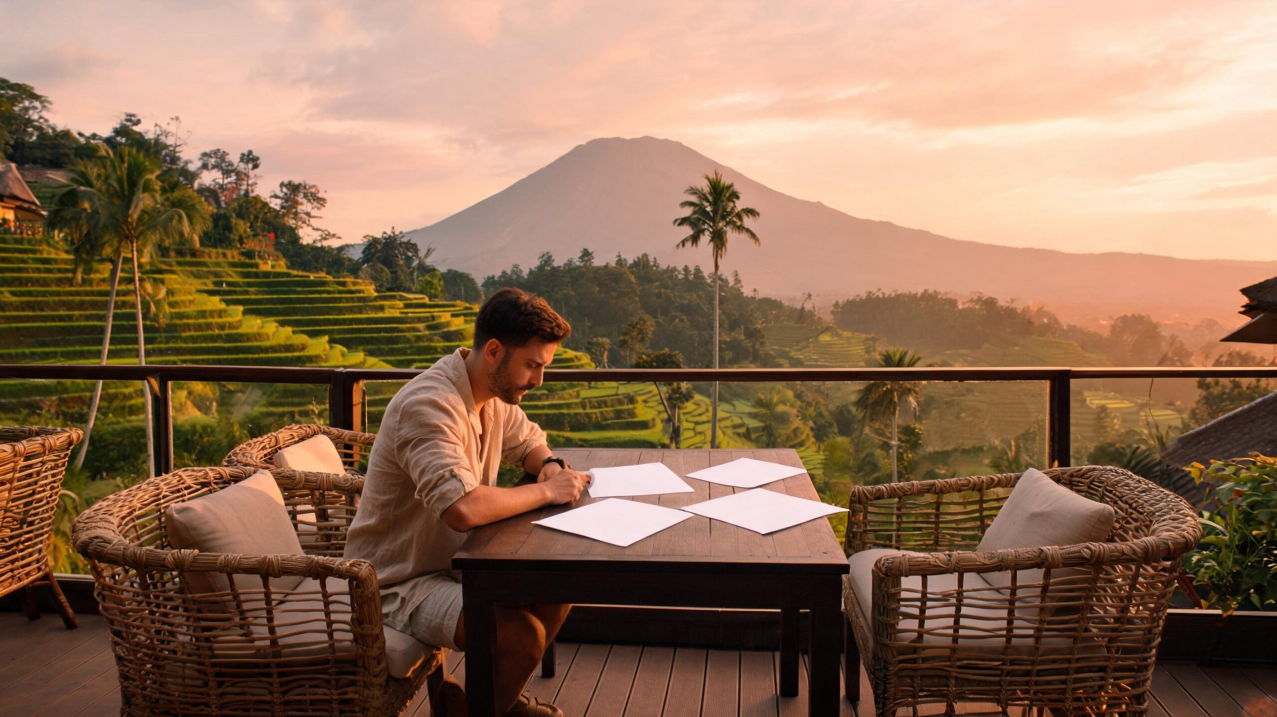 A man sits at a wooden table on a balcony overlooking lush green rice terraces and a volcano at sunset