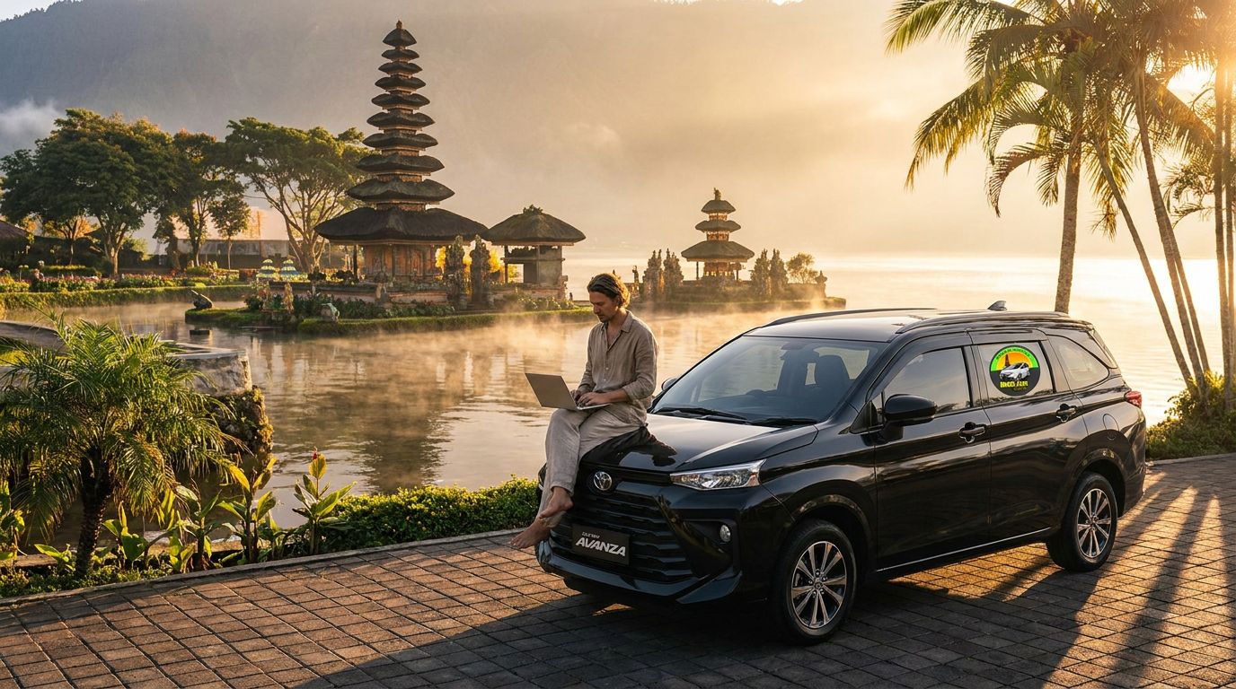 Seseorang bekerja di laptop sambil duduk di kendaraan hitam yang diparkir dekat danau tenang dan pura tradisional Bali.