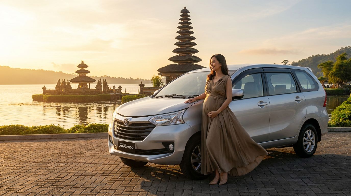 Seorang wanita hamil mengenakan gaun mengalir berdiri di samping mobil perak dekat danau yang indah saat matahari terbenam
