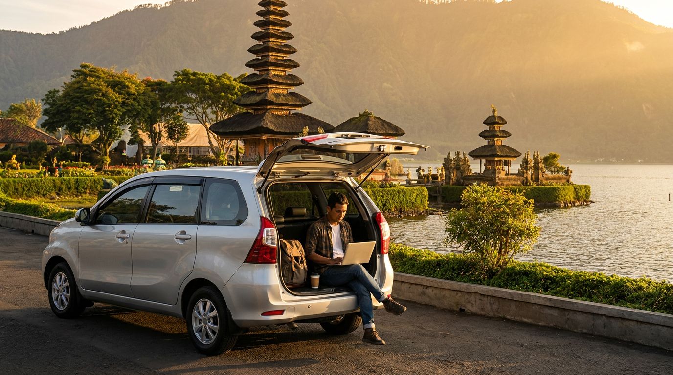 Un homme travaille sur un ordinateur portable à l'arrière d'une voiture garée près d'un lac pittoresque à Bali