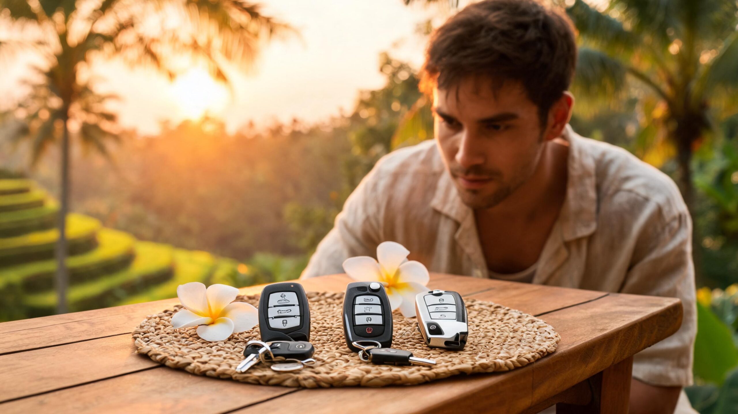 A man gazes thoughtfully at three car keys placed on a woven mat with tropical flowers, set against a sunset in Bali.