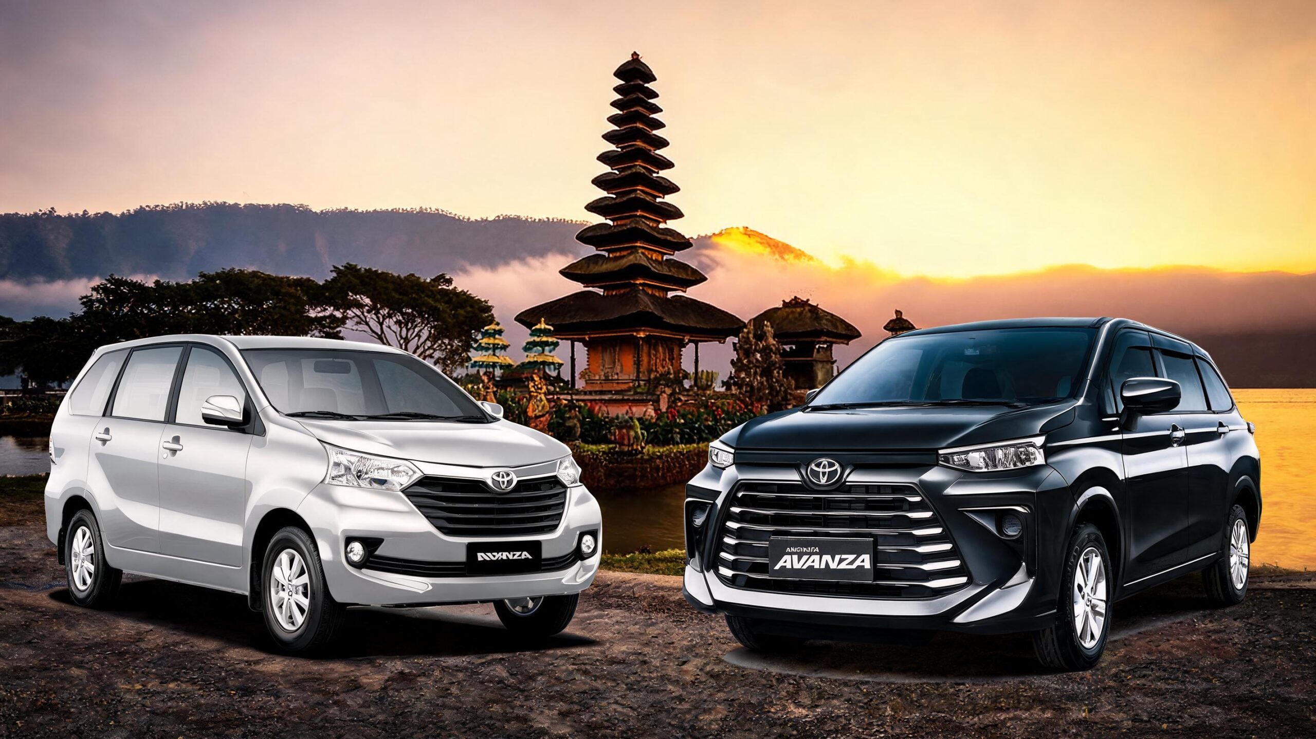 Deux voitures Toyota garées près d'un temple balinais pittoresque au coucher du soleil, illustrant la location de voiture pou