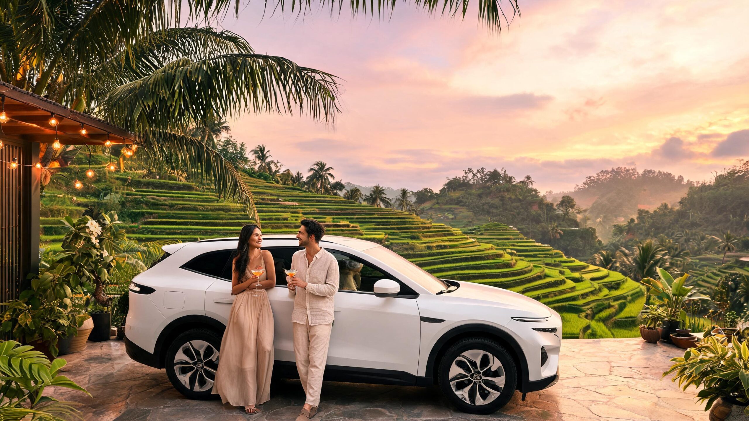 Seorang pasangan berdiri di samping SUV putih di lanskap Bali yang subur dengan sawah dan latar belakang matahari terbenam