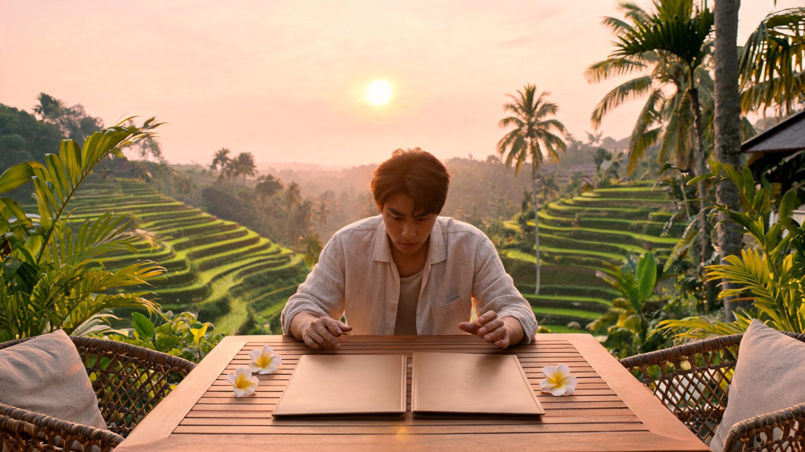 Seseorang duduk di meja kayu dengan menu terbuka, melihat ke arah sawah hijau dan matahari terbenam di Bali.