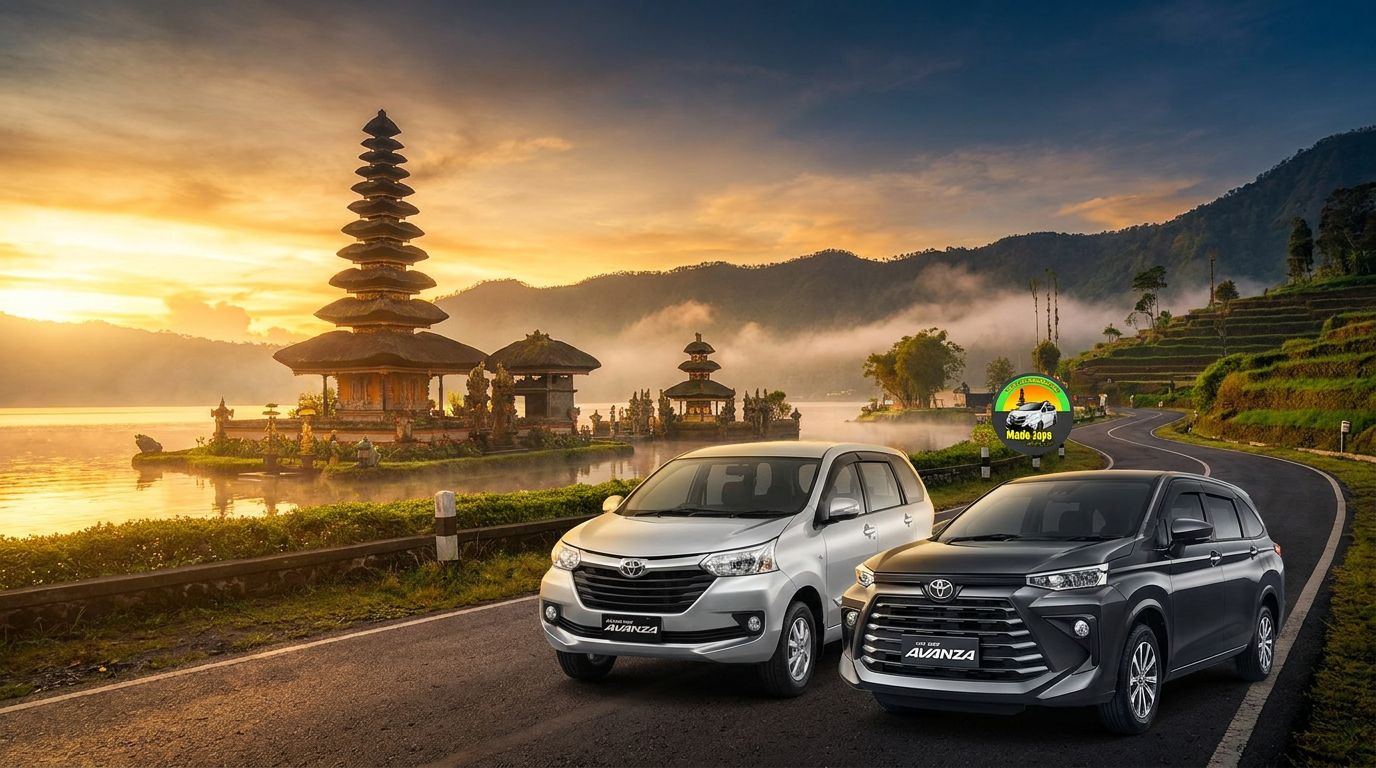 Dua mobil berwarna silver dan hitam terparkir di jalan dekat danau dengan latar belakang pura dan pegunungan di Bali.