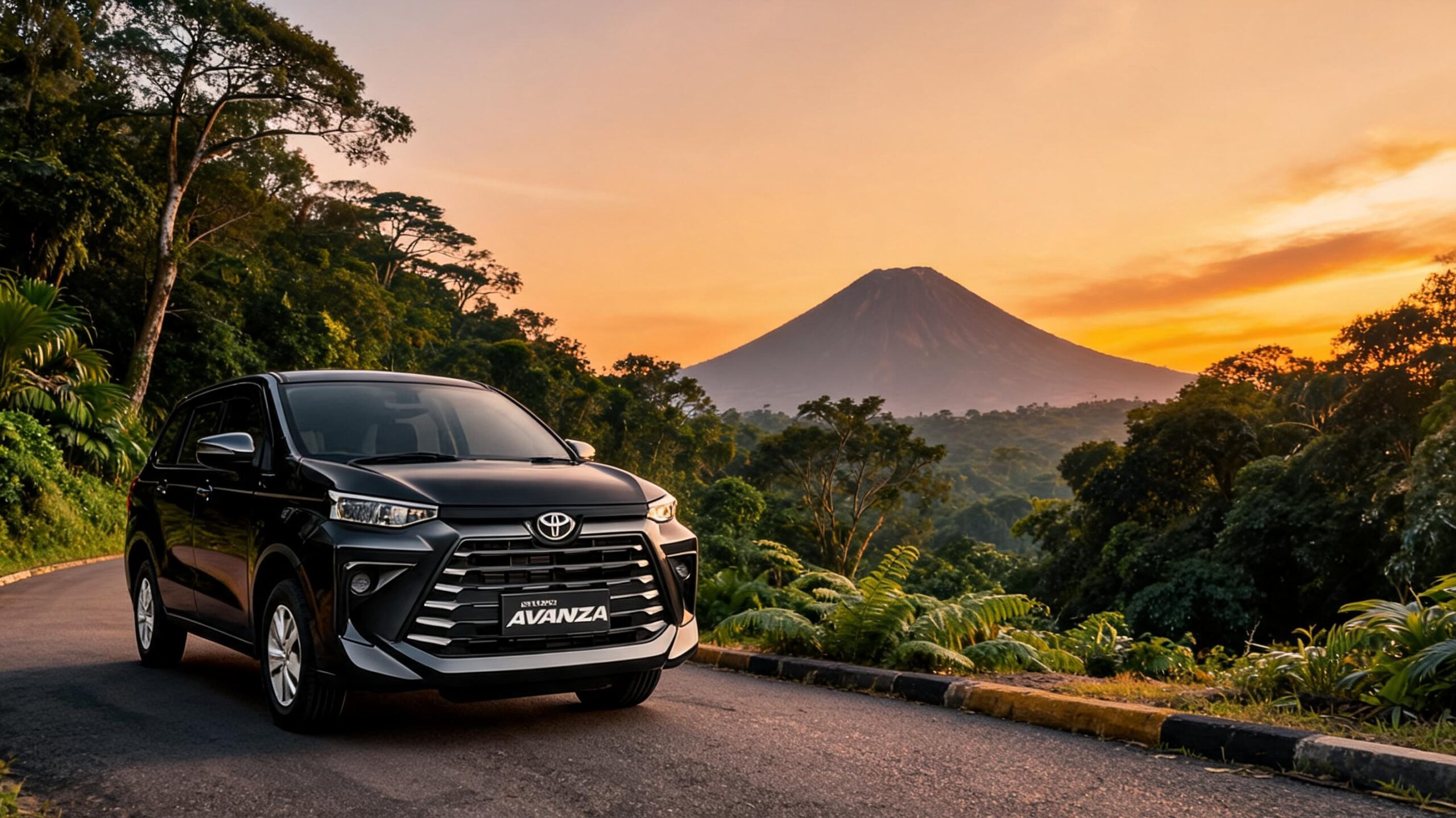 Sebuah Toyota Avanza hitam diparkir di jalan berkelok dengan latar belakang pepohonan hijau dan gunung berapi saat matahari t