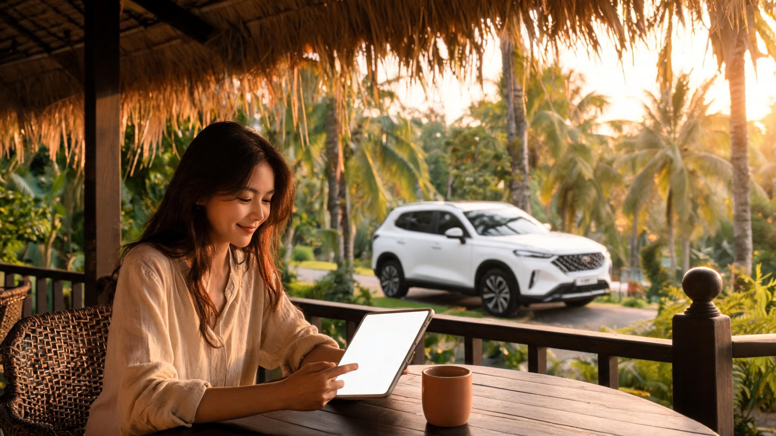 A woman sits at a wooden table on a porch, using a tablet with a coffee cup nearby