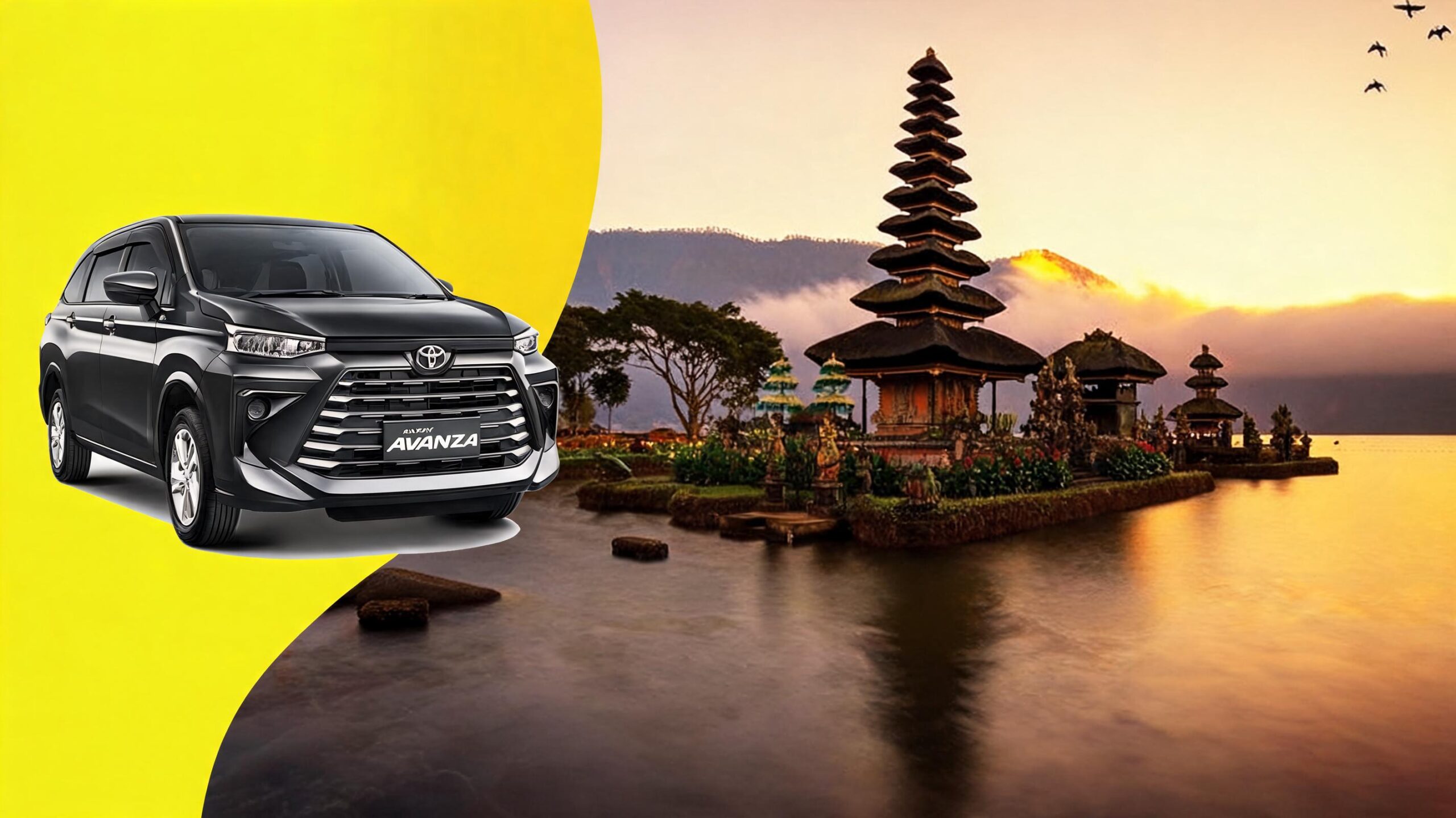 A scenic view of a tranquil lake with a traditional pagoda and lush greenery, alongside a Toyota Avanza car.